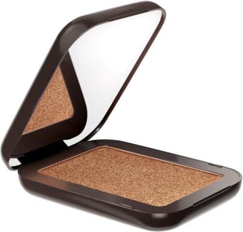 Ein kleiner Make-up-Koffer mit Spiegel, voller schimmerndem Bronze-Puder und einem kleinen Schwämmchen.