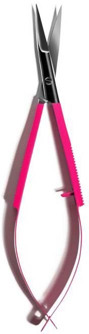 Pink-handled scissors with curved blades for precise cutting.