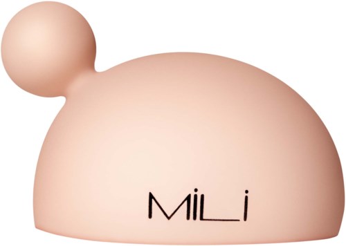 Een beige, ronde voorwerp met een kleinere bal links, heeft het woord 'MiLi' erop geschreven.