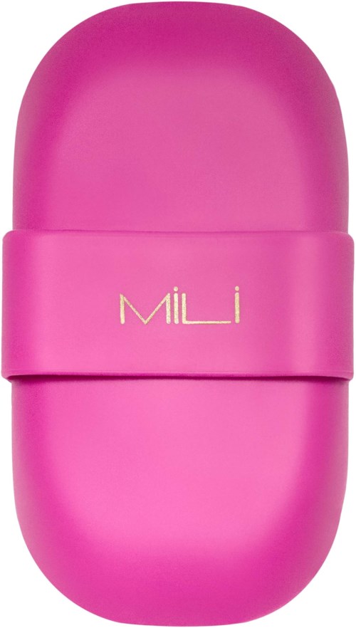 Een roze, ovale container met een gele logolabel die "MILi" leest in het midden.