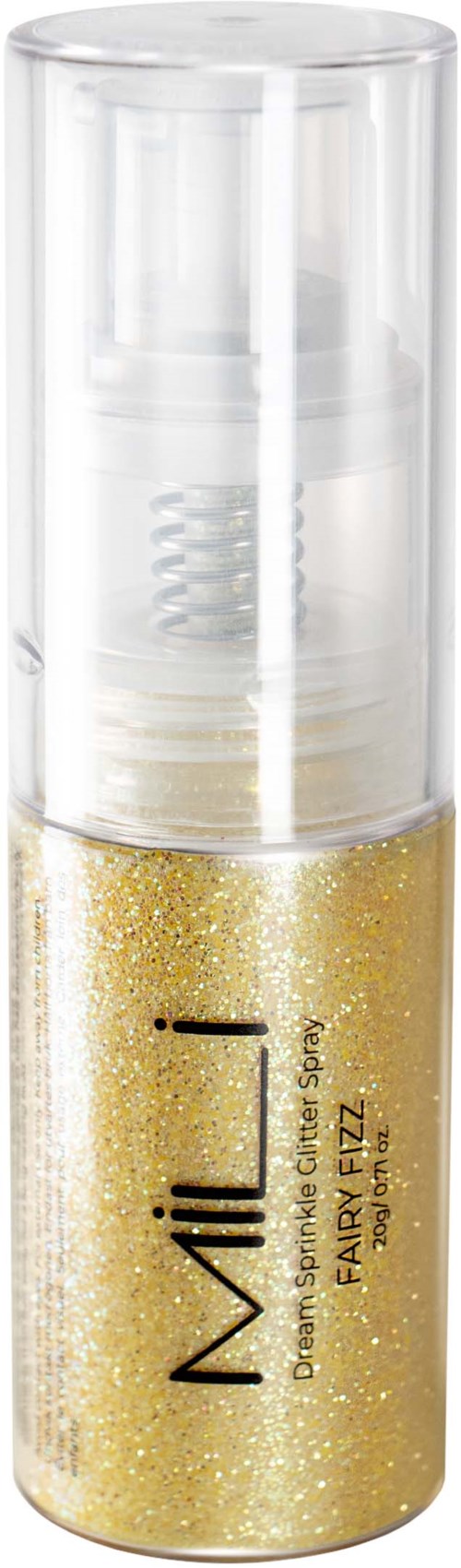 A small bottle of gold glitter spray with a clear cap and a pump. The label says "Milk" and "Fairy Fizz."