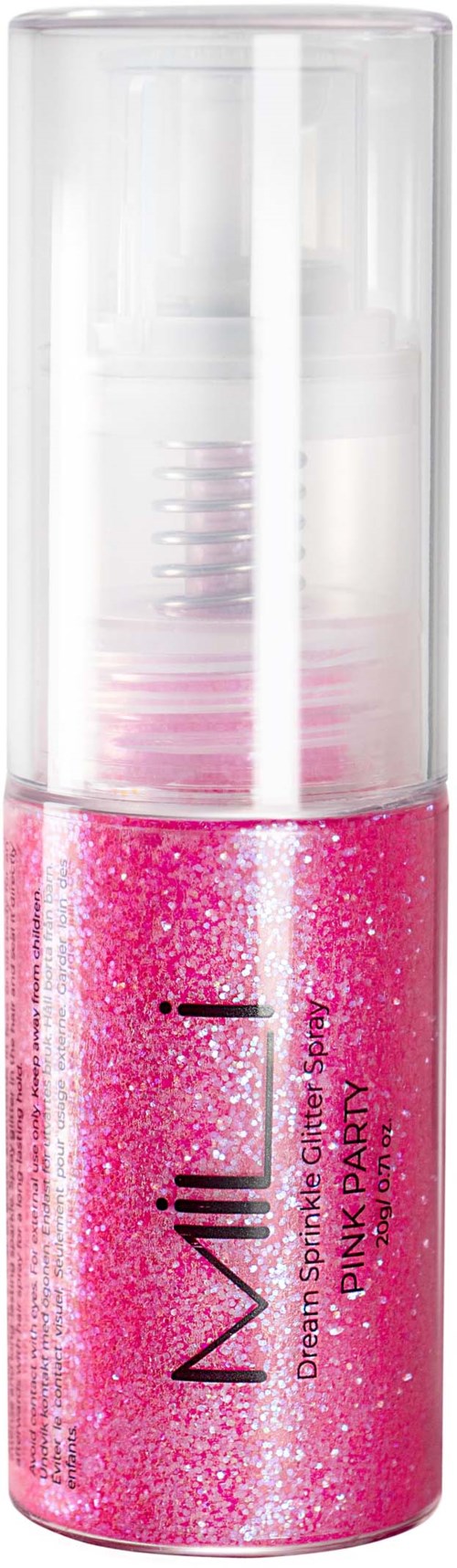 A pink, glittery lip gloss in a clear tube with a white applicator. The label reads "A off Dream Pink Fairy."