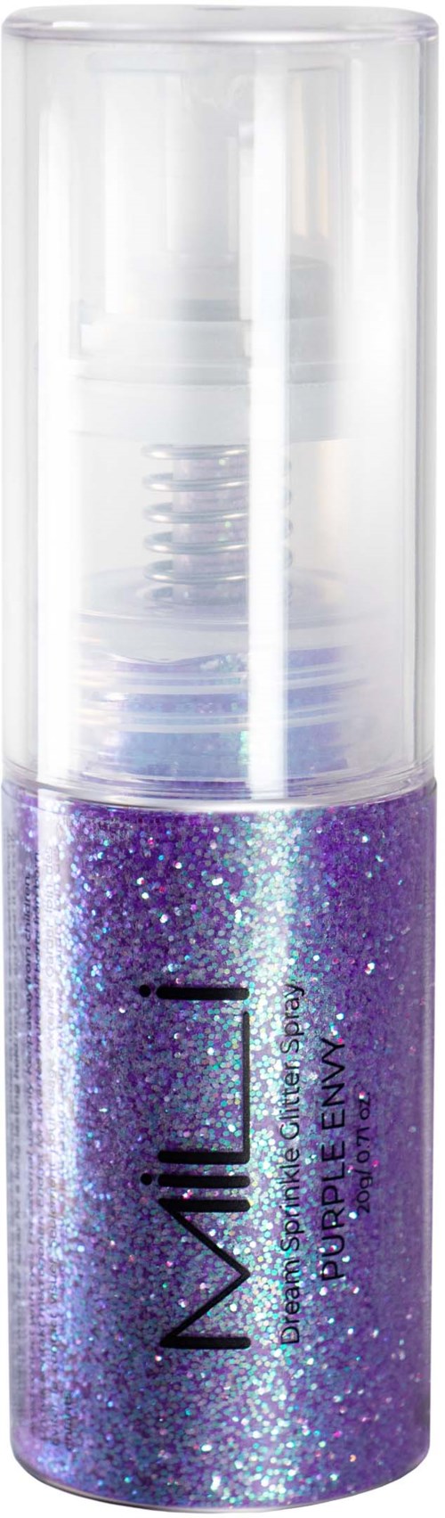 A clear spray bottle with purple glitter inside and a white spray nozzle. The bottle has the words "MILL" and "PRETTY GENIE".