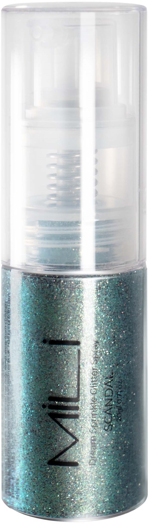 A small bottle of blue glitter nail polish with a clear cap.