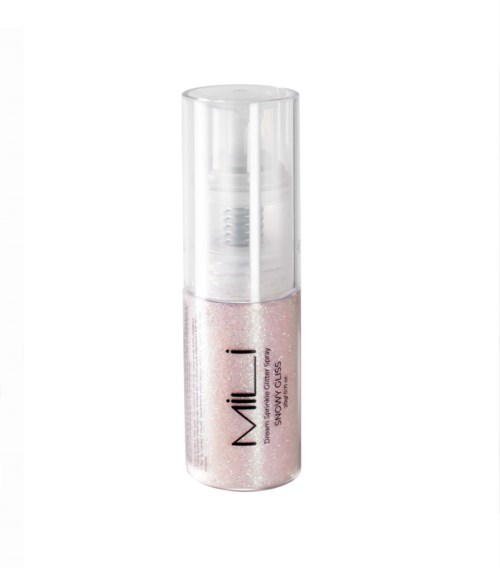 A small spray bottle with pink glitter, clear cap, and black text that says 'Mii' and 'Hyaluronic Serum'.