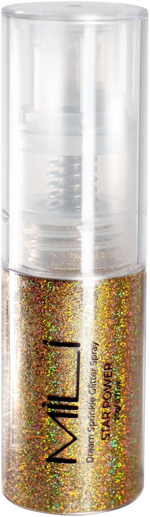 A small glittery cosmetic container with a clear cap and gold and multicolored sparkles inside.