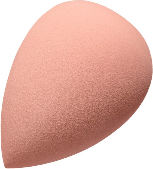 Et nært bilde av en lyse rosa sminksvamp med rund form og teksturert overflate.