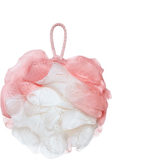 A pink and white mesh bath pouf with a loop handle for hanging.