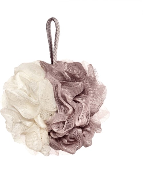 A decorative bath sponge with ruffled cloth in white and purple, hanging by a string.