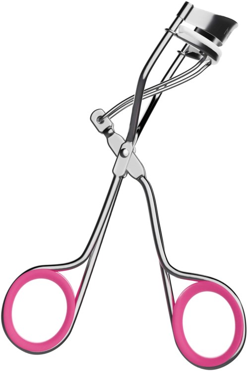 En metallfransböjare med rosa gummigrepp, står vertikalt mot en vit bakgrund.