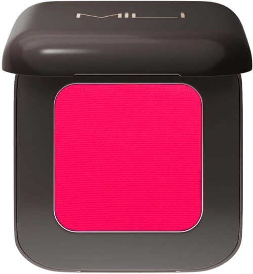 A blush compact with a black case and bright pink powder inside.
