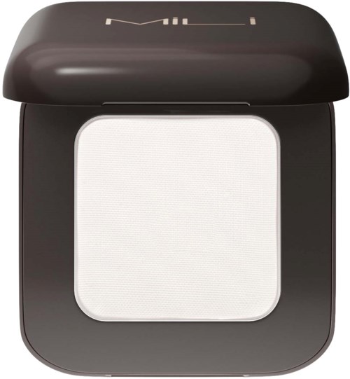 A compact, black makeup compact with a white powder inside, and a lid that flips open.