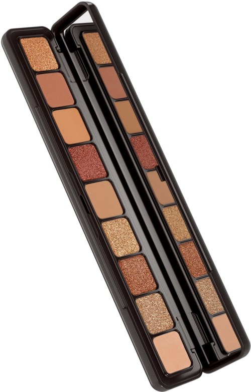 A rectangular eyeshadow palette with multiple shades in nude, brown, gold, and bronze tones.