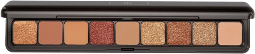 A makeup palette with various shades of brown, beige, gold, and copper for eye decoration.