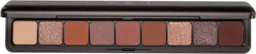 A makeup palette with eight shades, including neutral and warm tones, in a black case.