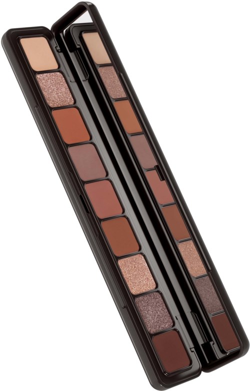 A makeup palette with 12 shades of brown, beige, and shimmering colors in a black case.