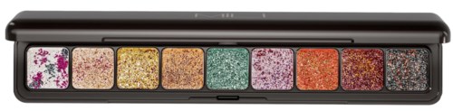A palette with eight colorful glitter eyeshadows in a black case.
