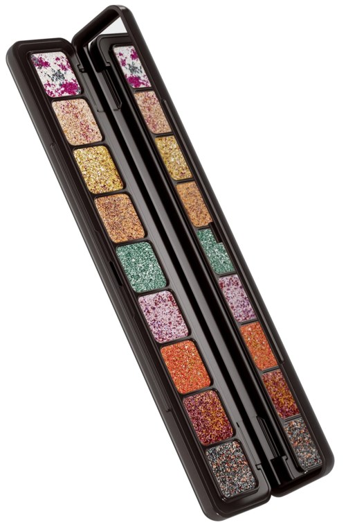 A black case holds 20 colorful glitter eyeshadows in square pans, arranged in rows.