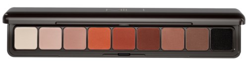 A makeup palette with eight different shades, from light to dark, in a sleek black case.