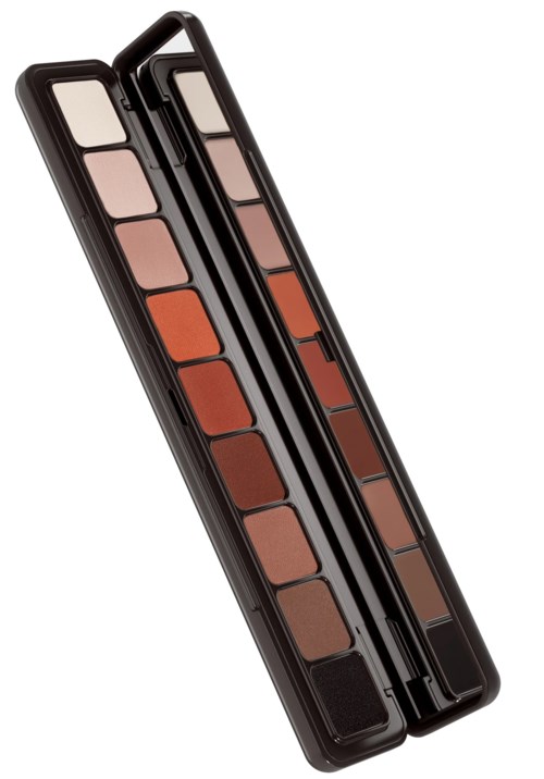 A makeup palette with various shades of brown, beige, and orange in rectangular compartments.