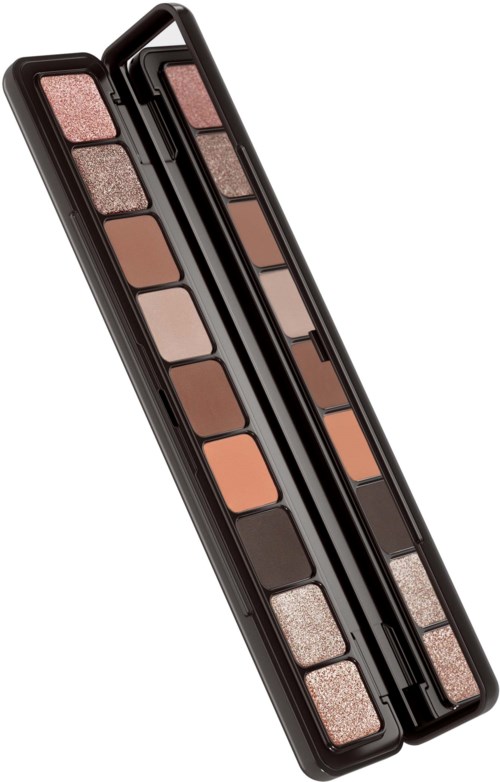 A makeup palette with 12 shades of brown, beige, and pink, including matte and shimmer finishes.