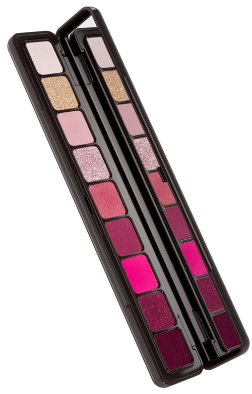 A makeup palette with various pink, purple, and glittery eyeshadows in a long black case.