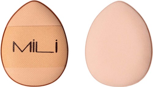 A beige cosmetic sponge with the brand name 'MiLi' and a plain, empty sponge beside it.