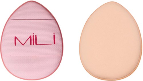 A pink and beige makeup sponge with the brand name 'MILI' on the inside. The sponge is egg-shaped.
