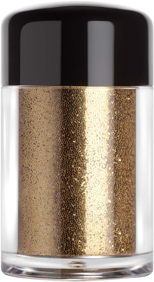 A small container with black lid, filled with gold glitter. Looks like nail polish.