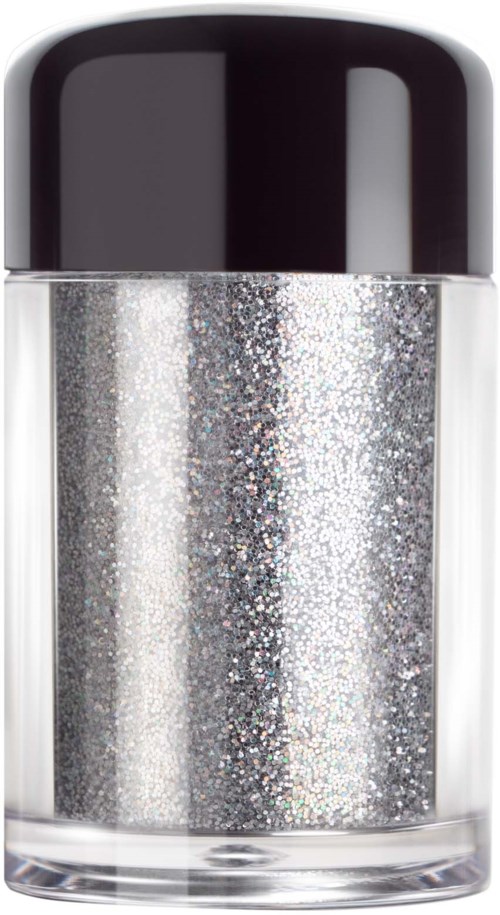 A small bottle filled with silver glitter, has a black cap, transparent body showing the shiny particles inside.