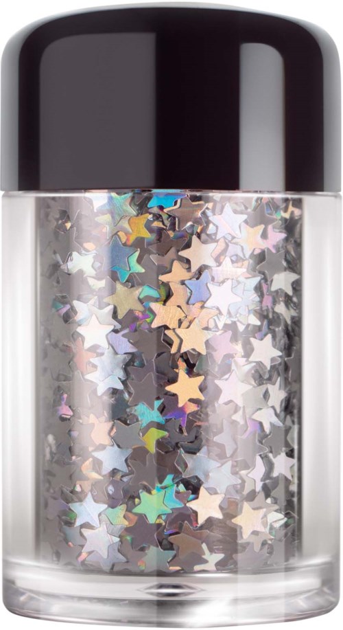 A small clear container filled with star-shaped holographic glitter, with a black lid.