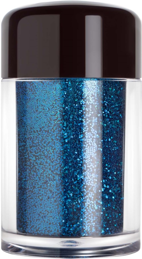 A small jar filled with shiny blue glitter, with a dark cap on top.