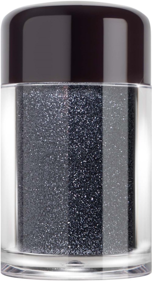 Shiny black and silver nail polish in a clear bottle with a black cap.