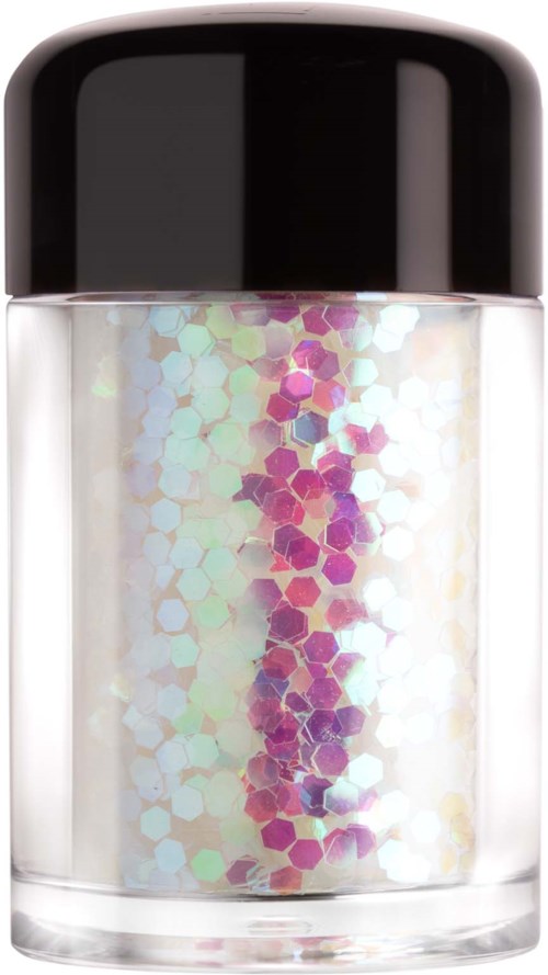 A small transparent jar filled with shiny, multicolored glitter. It has a black lid.