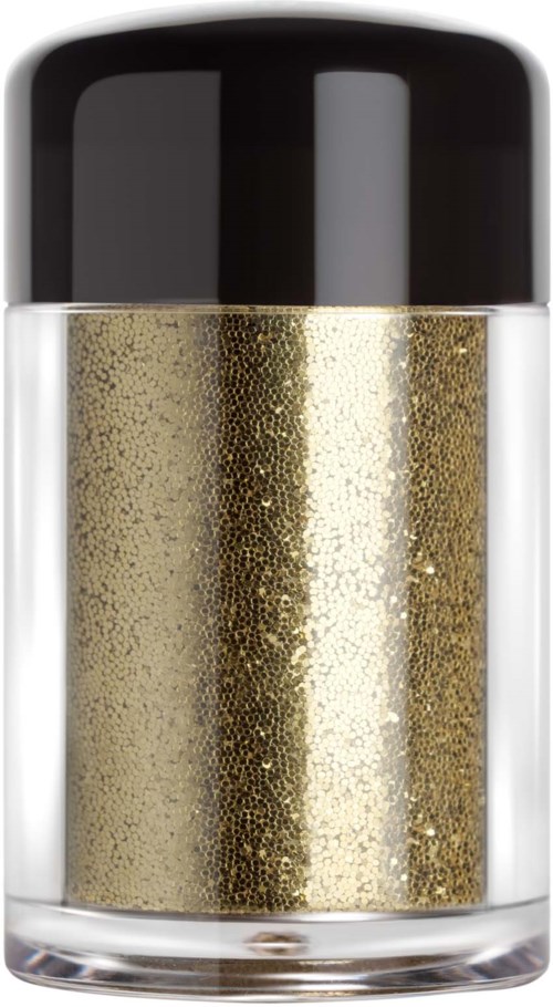 A small jar with black lid, filled with glittery gold powder, reflecting light.