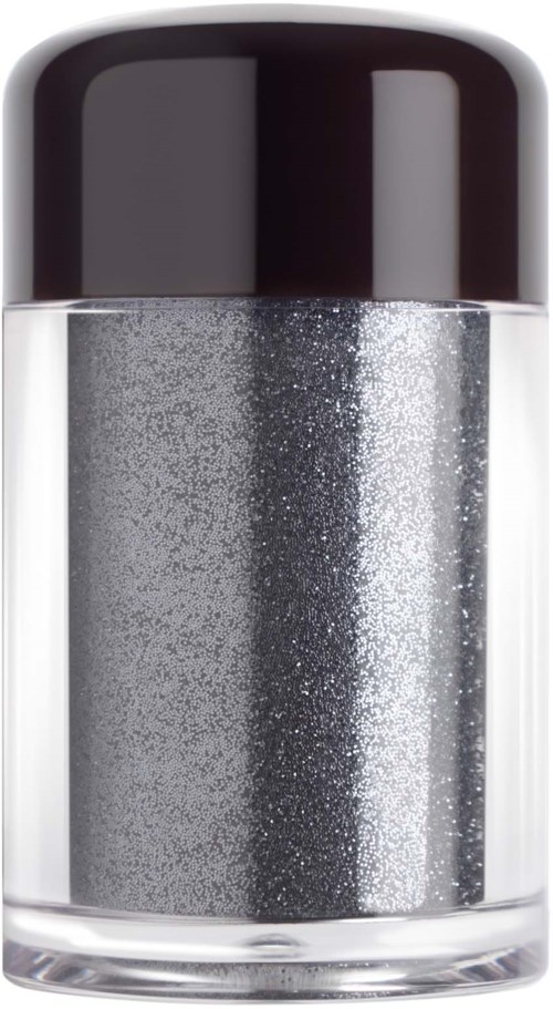 A small glass jar filled with shiny silver glitter, topped with a black lid.