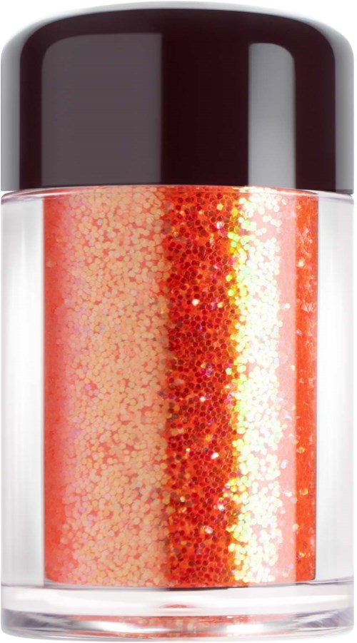 A bottle of orange glitter nail polish with a dark cap.
