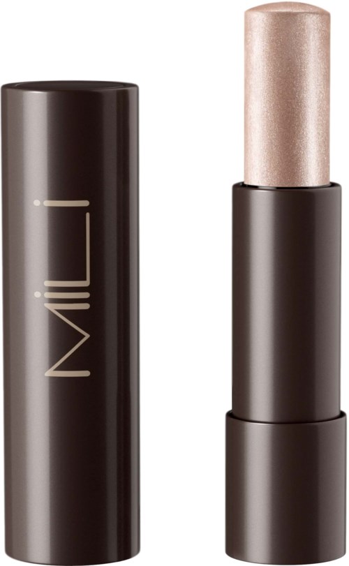 A lipstick tube with a shiny, light-colored stick extending from a dark case.