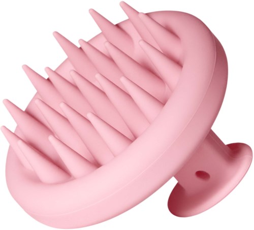 Roze siliconen hoofdmassager met zachte stekels en handvat voor gemakkelijk gebruik.