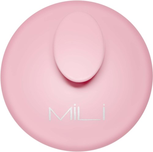 Een roze ronde voorwerp met een verhoogde ovale bovenaan en de tekst 'MiLi' erop.