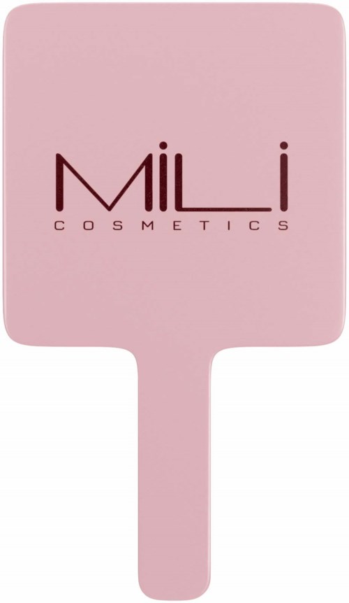 Lichtroze handspiegel met 'MiLi Cosmetics' geschreven.