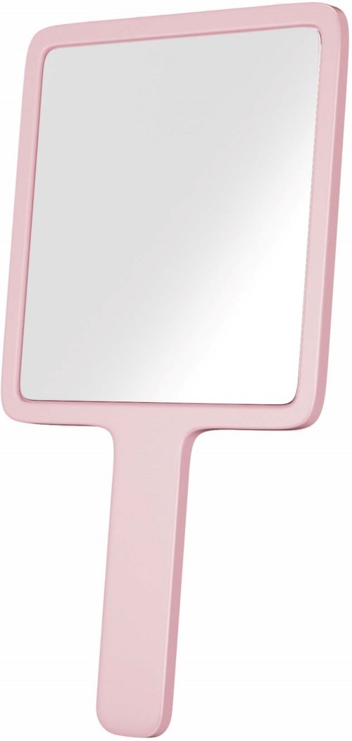 Een roze handspiegel met handvat en een rechthoekig spiegeloppervlak.