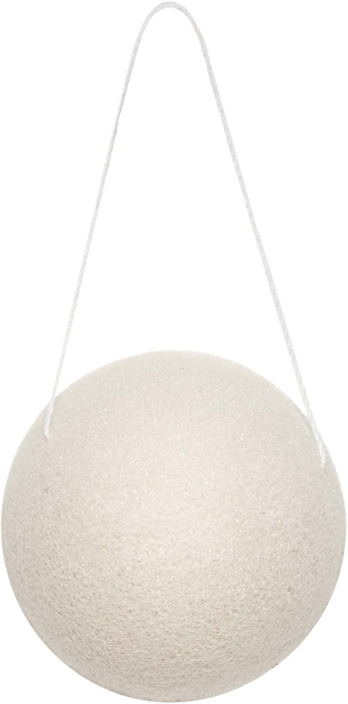 Een ronde, witte, getextureerde hanger met touw om op te hangen.
