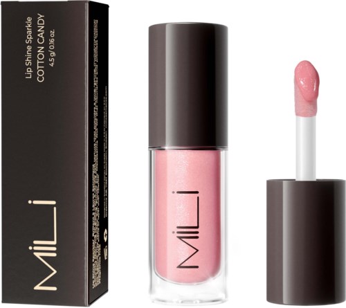 A pink lip gloss in a transparent tube with a black cap, next to its black box with gold and white text.