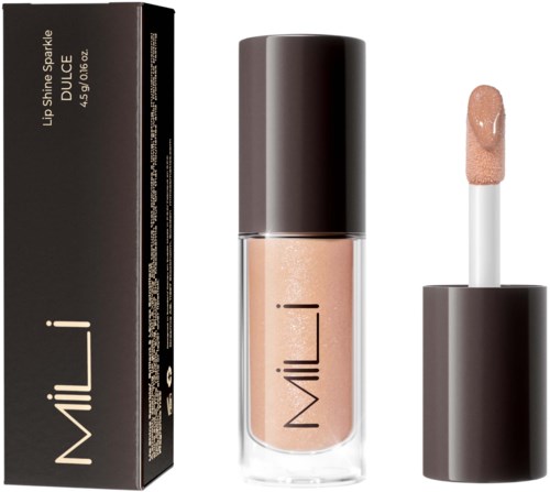 A lip gloss container with a black cap, brand name 'Milj', and a pink gloss applicator.