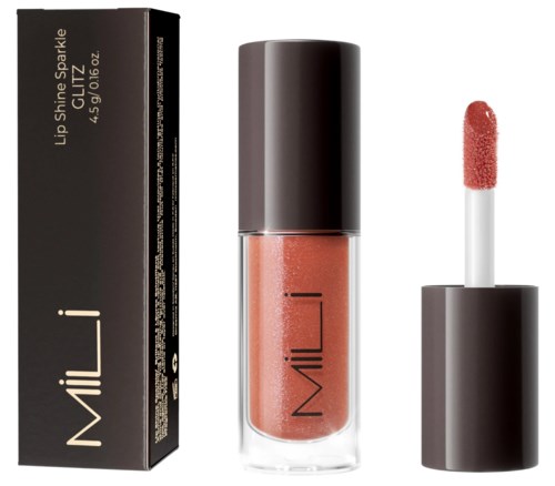 Lip gloss with a shimmery pink color in a clear tube, with black cap, and black box.