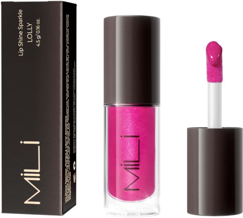 Pink lip gloss in a clear bottle with a gray cap, next to a black box. The tube has a pink applicator.