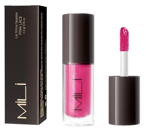 Lip gloss with pink sparkle, bottle, and applicator, next to a black box. Bright, shiny and colorful.