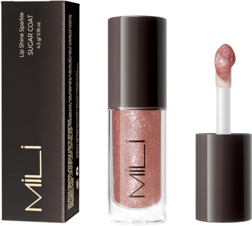 A lip gloss tube with pink glitter, next to its black box, and a wand applicator.