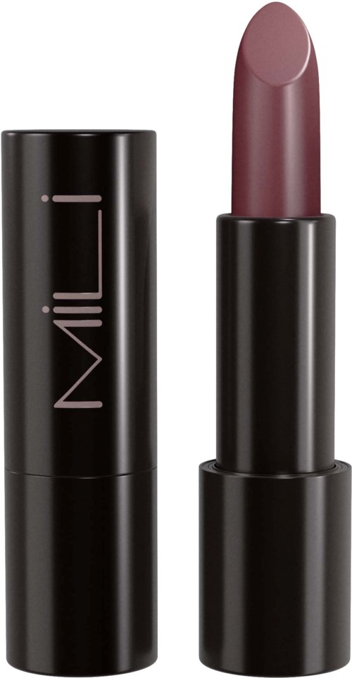 Een donkere lipstick in een strakke zwarte huls naast een deksel met minimalistisch ontwerp.
